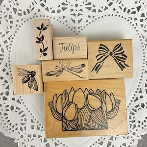 Vintage tulips insects bee dragonfly & bow rubber stamps
